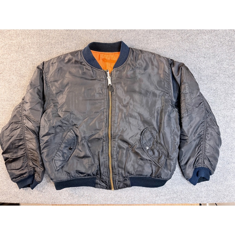 Prestige Apparel MA-1 Flight Jacket XL Navy Blue Nylon Bomber USA Made Vintage